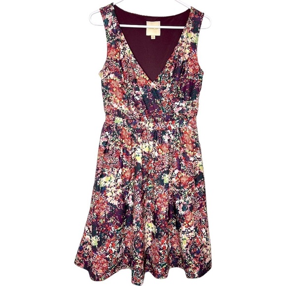 ModCloth Floral Wrap V neck Top Sleeveless A-line Plum Dress - Picture 1 of 9
